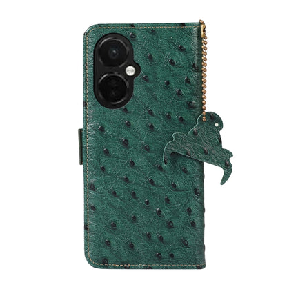 Green ostrich-pattern genuine leather phone case with camera cutout and flip cover