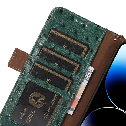 Green ostrich-pattern genuine leather phone case interior with multiple card slots