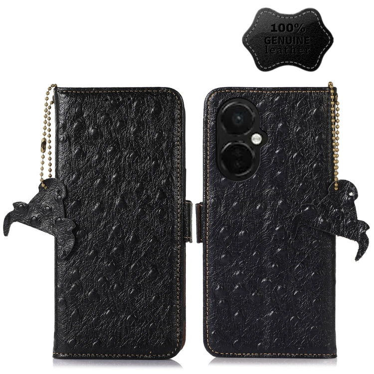 Black ostrich-pattern genuine leather phone case with flip cover and camera cutout