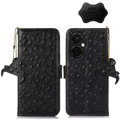 Black ostrich-pattern genuine leather phone case with flip cover and camera cutout