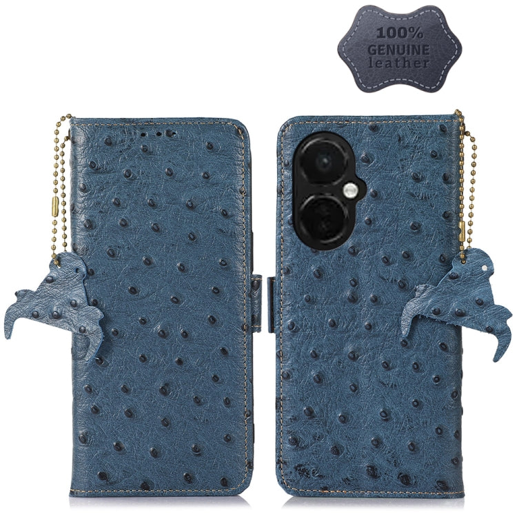 Blue ostrich-pattern genuine leather phone case with flip cover and camera cutout