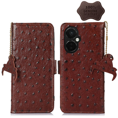Coffee-brown ostrich-pattern genuine leather phone case with flip cover and camera cutout