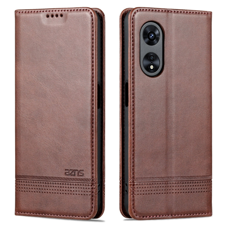 Dark brown flip phone case, textured leather look with stitched edges and camera openings