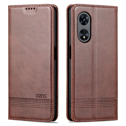 Dark brown flip phone case, textured leather look with stitched edges and camera openings