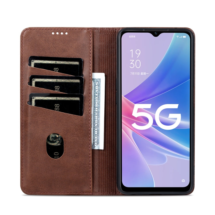 Dark brown flip phone case with card slots and front stand, leather texture