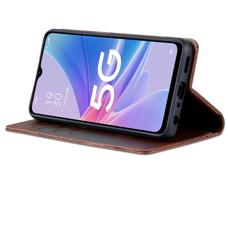 Dark brown magnetic flip phone case with kickstand for angled viewing