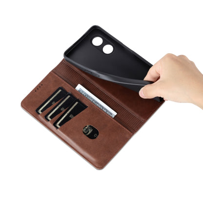 Dark brown wallet-style flip phone case with multiple card slots and hand open view