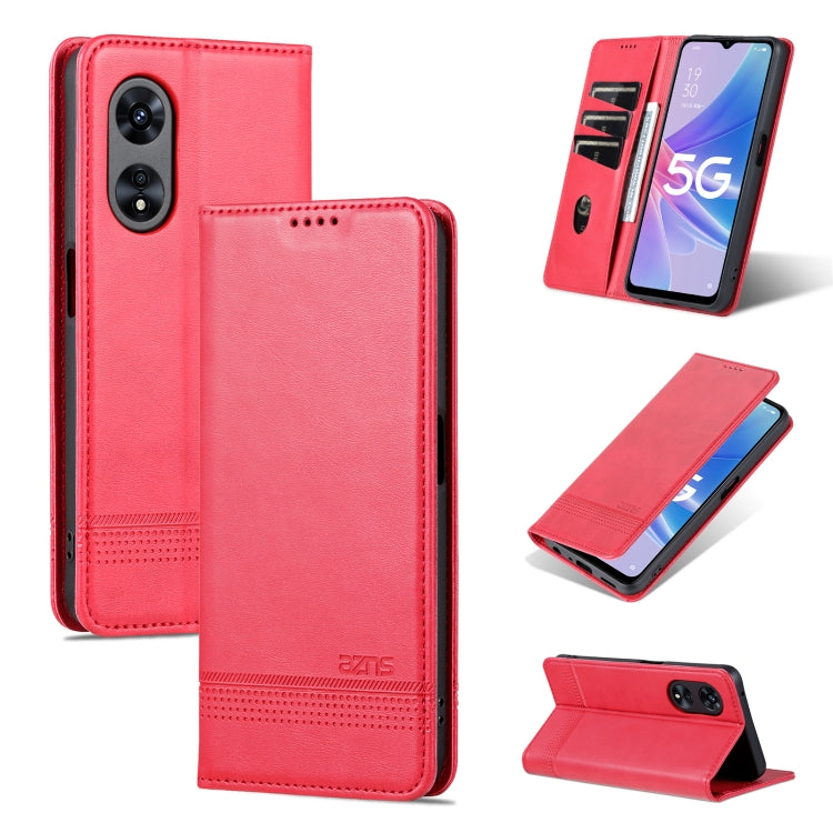 Magnetic flip leather phone case with textured finish, red; camera cutouts and stand