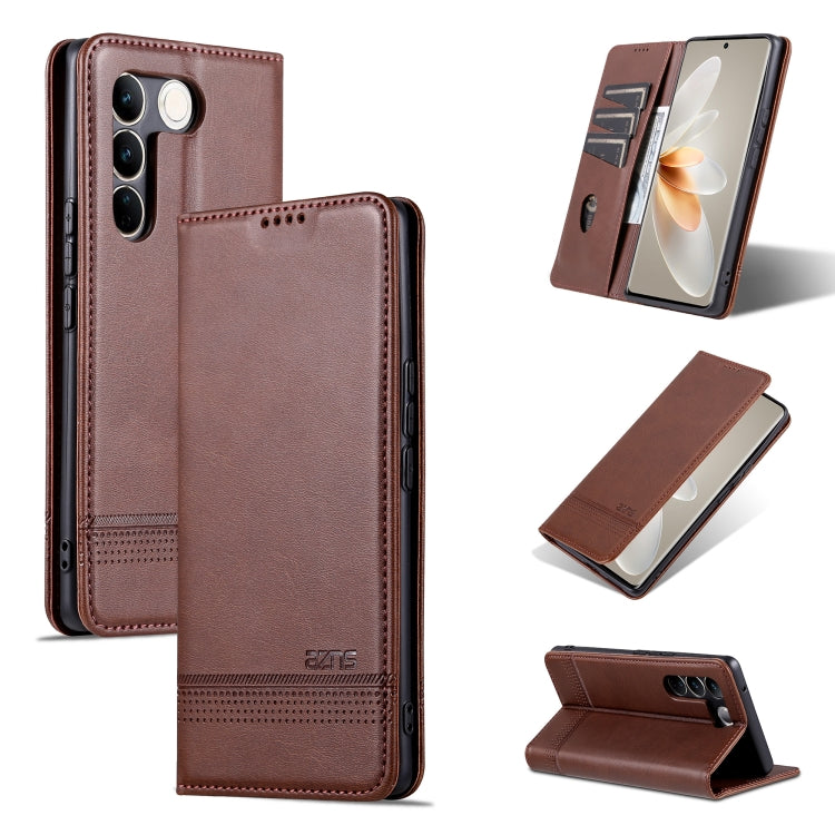 Magnetic flip leather phone case with textured finish, dark brown; camera cutouts and stand