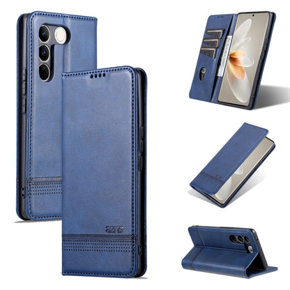 Magnetic flip leather phone case with textured finish, dark blue; camera cutouts and stand