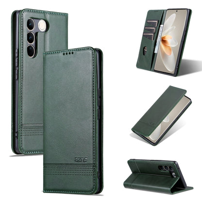 Magnetic flip leather phone case with textured finish, dark green; camera cutouts and stand