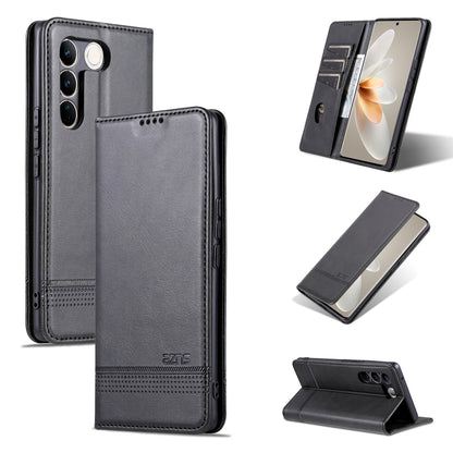 Magnetic flip leather phone case with textured finish, black; camera cutouts and stand