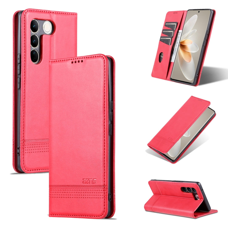 Magnetic flip leather phone case with textured finish, red; camera cutouts and stand