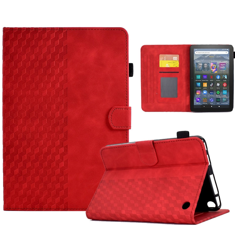 Red rhombus-embossed leather tablet case with flip cover and viewing stand