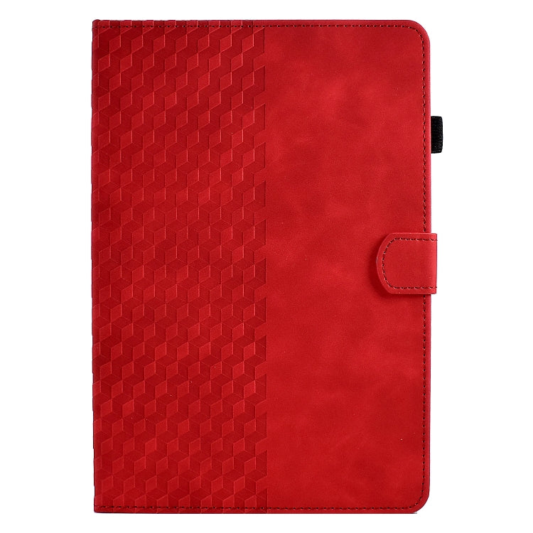 Red rhombus-embossed leather tablet case with side strap and snap button