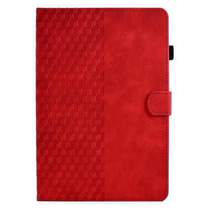 Red rhombus-embossed leather tablet case with side strap and snap button