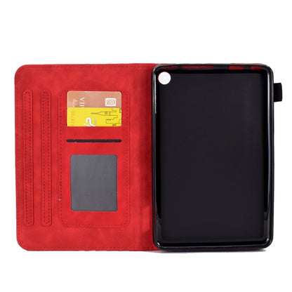 Red leather tablet case open view with card slots and elastic strap