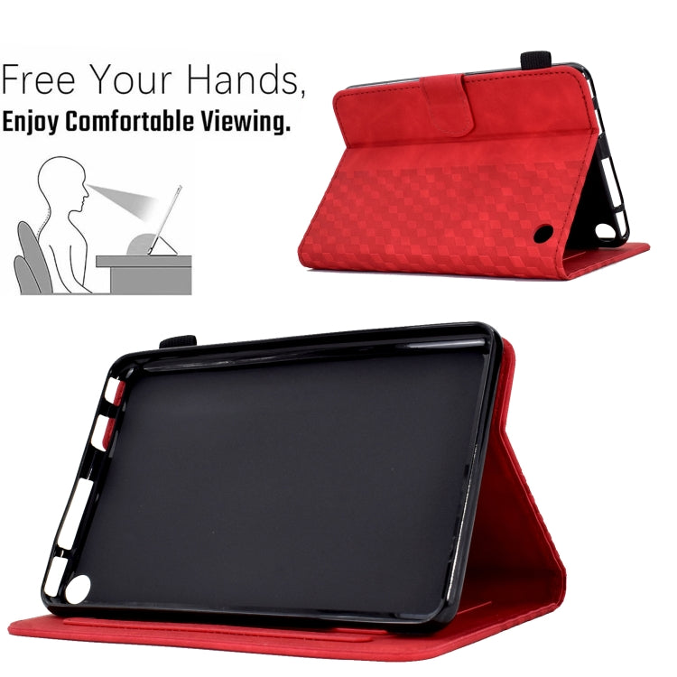 Red rhombus-embossed leather tablet case showing foldable viewing stand