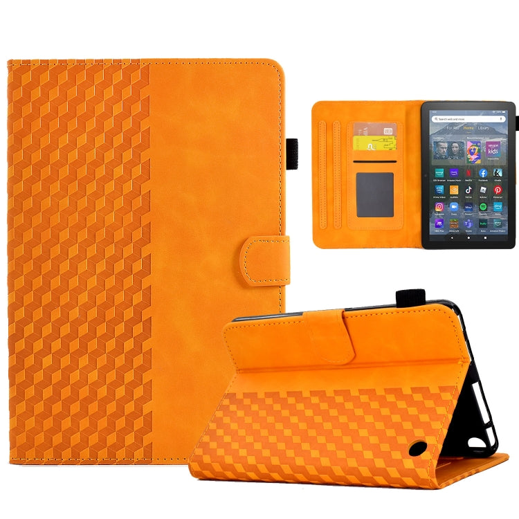 Orange rhombus-embossed leather tablet case with folio stand and side strap