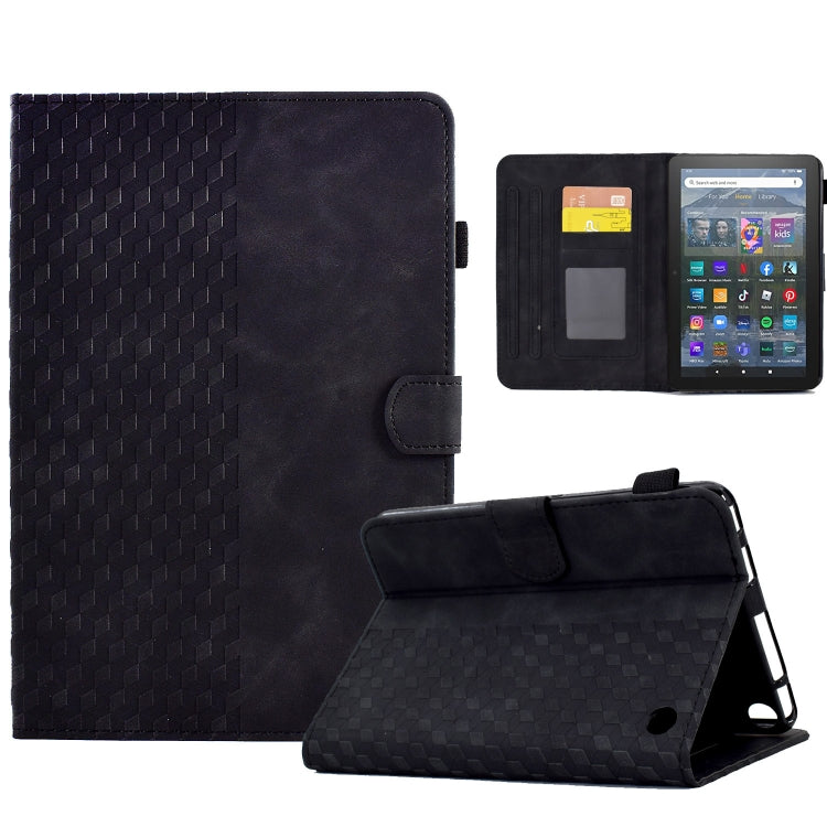 Black embossed leather-look folio tablet case with rhombus pattern and side clasp.