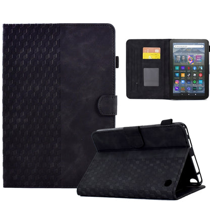 Black embossed leather-look folio tablet case with rhombus pattern and side clasp.
