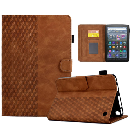 Brown embossed leather-look folio tablet case with rhombus pattern, clasp and stand.