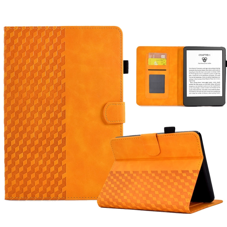Orange rhombus-embossed leather tablet case with card slots and book-style stand