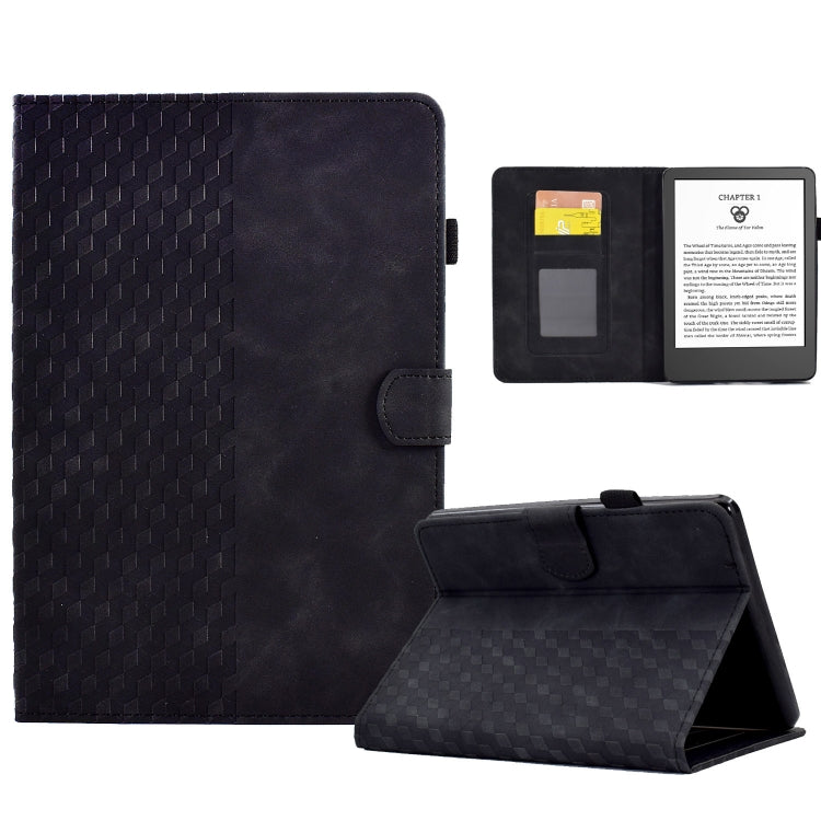 Black embossed folio tablet case with rhombus pattern, open interior slots, and stand.