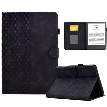 Black embossed folio tablet case with rhombus pattern, open interior slots, and stand.