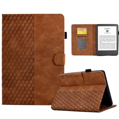 Brown embossed folio tablet case with rhombus pattern, open interior slots and kickstand.