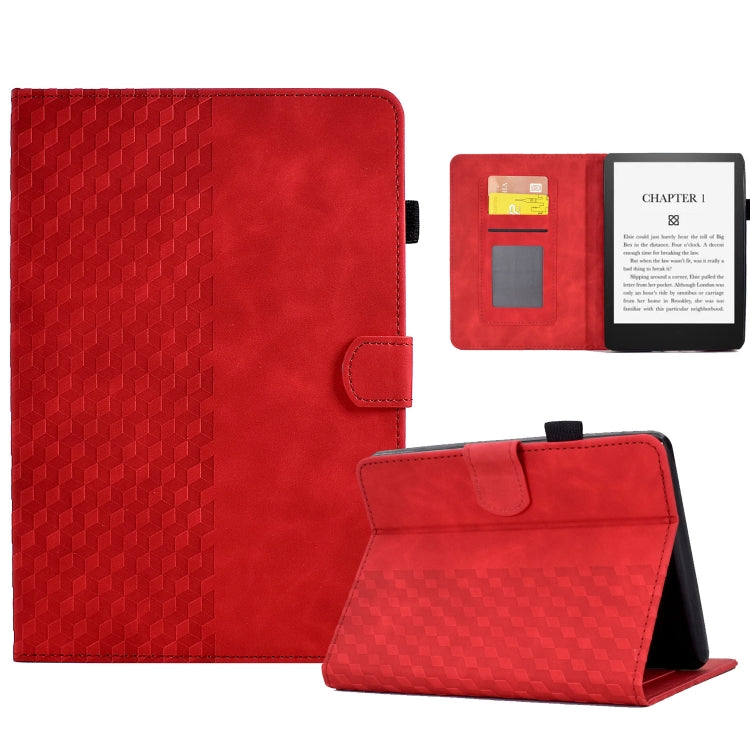 Red leather tablet case set with flip cover, card slots, and viewing stand