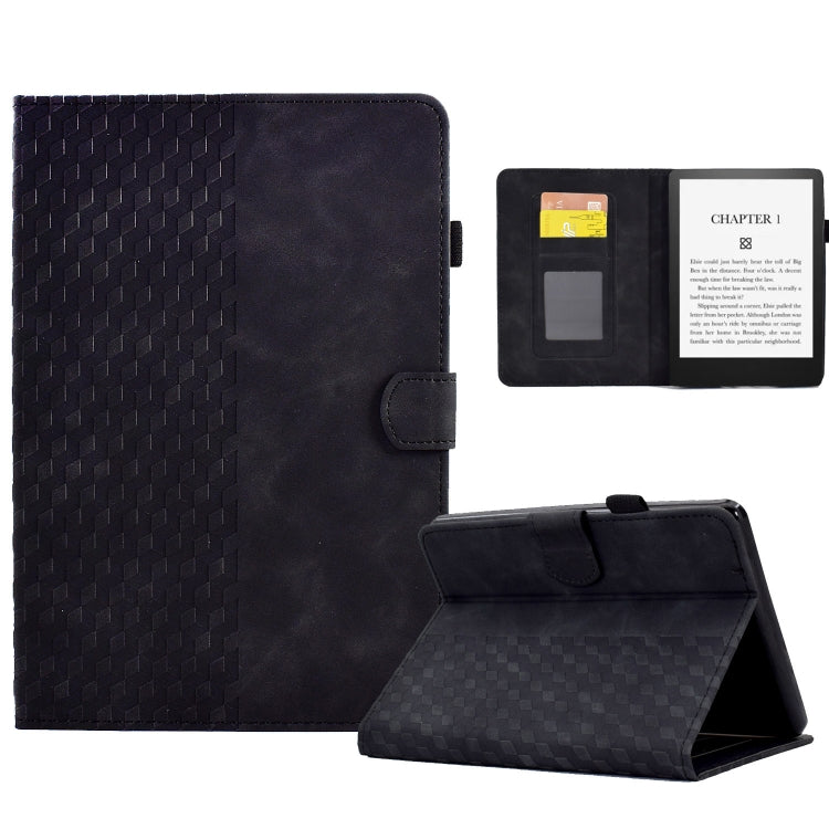Black embossed leather-look folio case with rhombus pattern, open cover, and viewing stand.