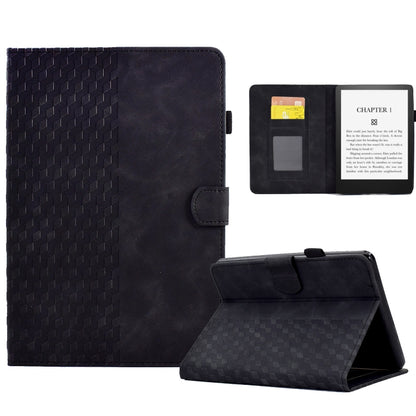 Black embossed leather-look folio case with rhombus pattern, open cover, and viewing stand.