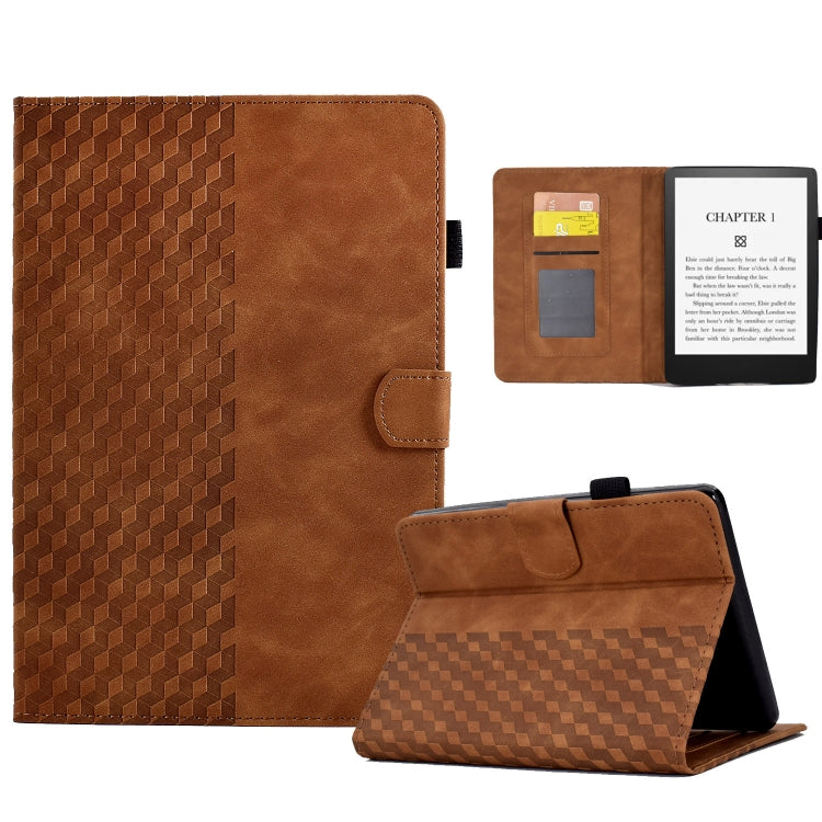 Brown rhombus-embossed leather tablet case with fold-over flap and side clasp