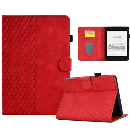 Red rhombus-embossed leather tablet case with flip cover, pockets, and stand