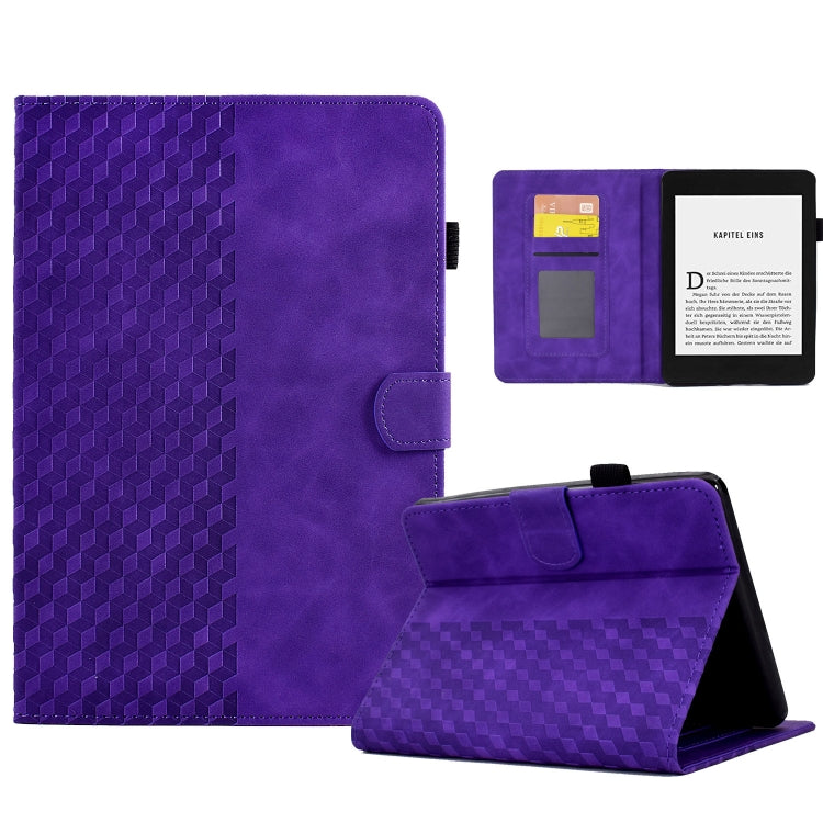 Purple leather tablet folio with rhombus embossing, stand, and interior pockets