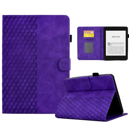 Purple leather tablet folio with rhombus embossing, stand, and interior pockets