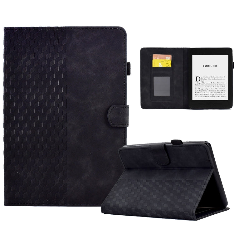 Black embossed folio tablet case with rhombus pattern, open interior, and kickstand view.