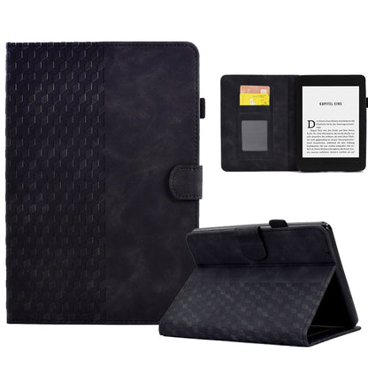 Black embossed folio tablet case with rhombus pattern, open interior, and kickstand view.