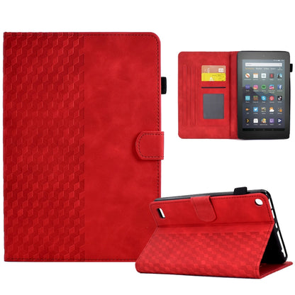 Red rhombus-embossed leather tablet case with folio stand and side strap