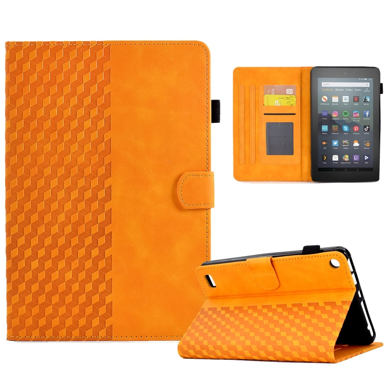 Orange rhombus-embossed leather tablet case with side strap and angled viewing stand