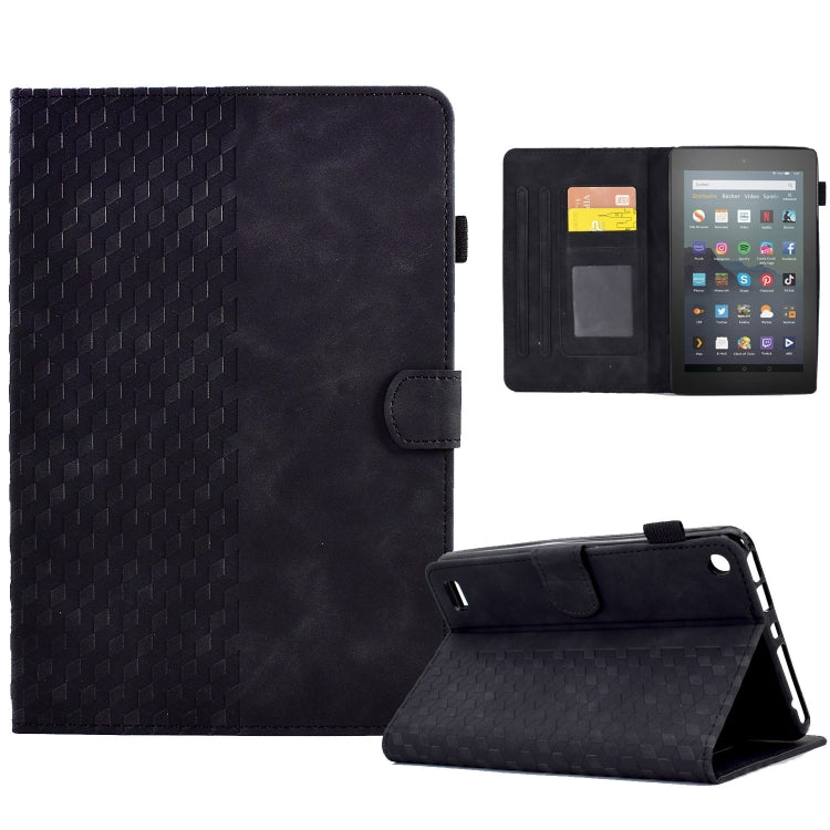 Black embossed folio tablet case with rhombus pattern, front and kickstand in use.