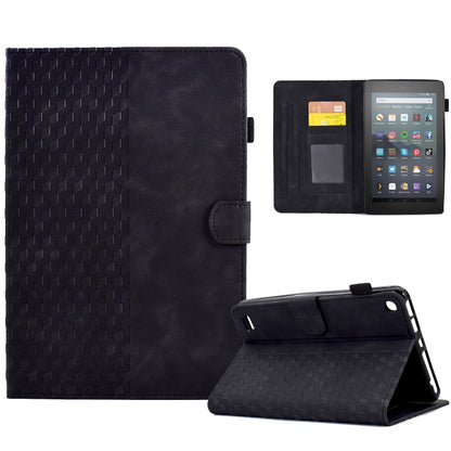 Black embossed folio tablet case with rhombus pattern, front and kickstand in use.