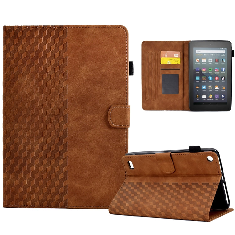 Brown rhombus-embossed leather tablet case with side cutout and folio back flap