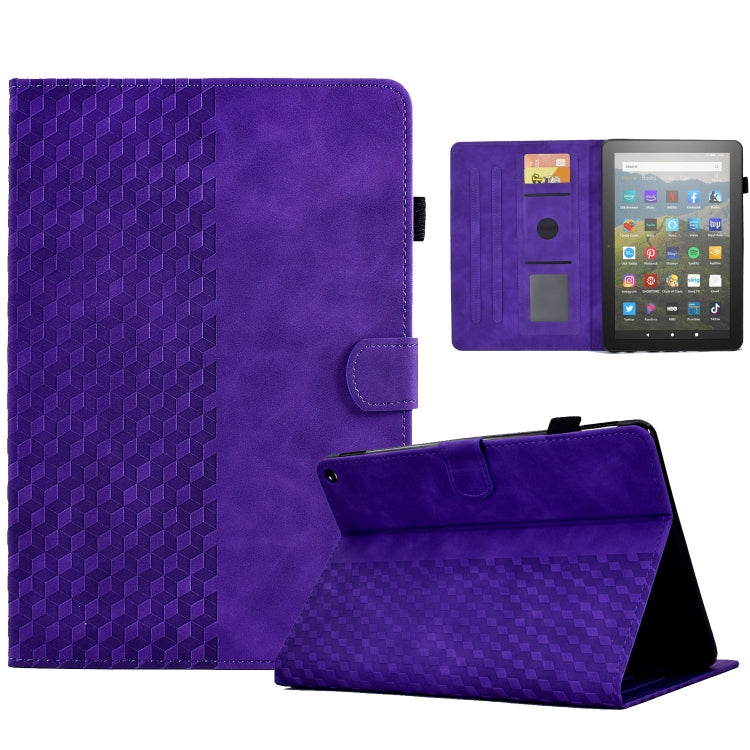 Purple leather tablet folio with rhombus embossing, stand, and card slot window