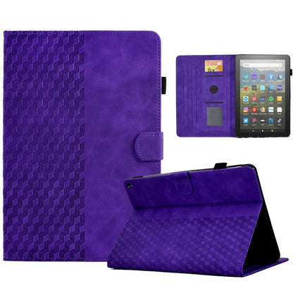 Purple leather tablet folio with rhombus embossing, stand, and card slot window