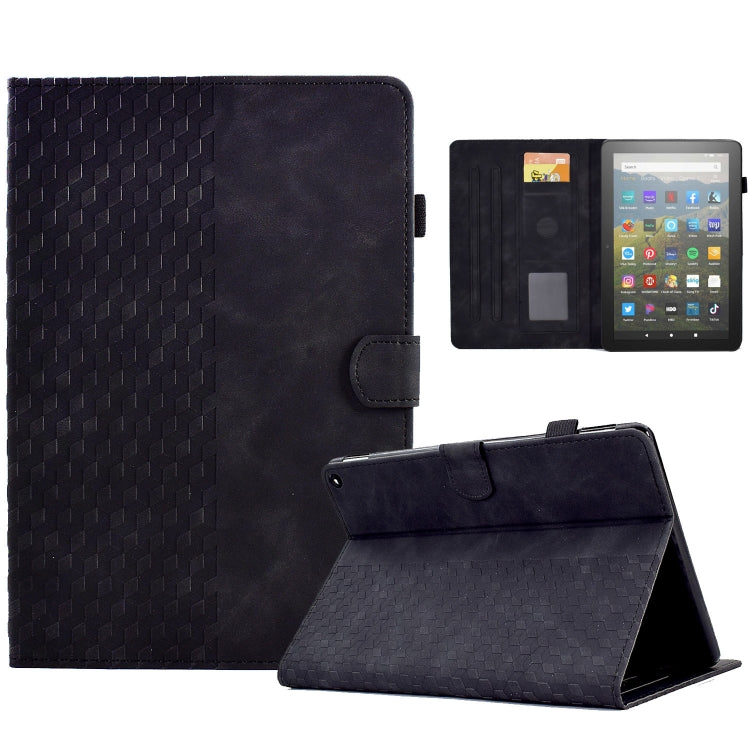 Black embossed leather-look folio case with rhombus pattern, open front and kickstand.