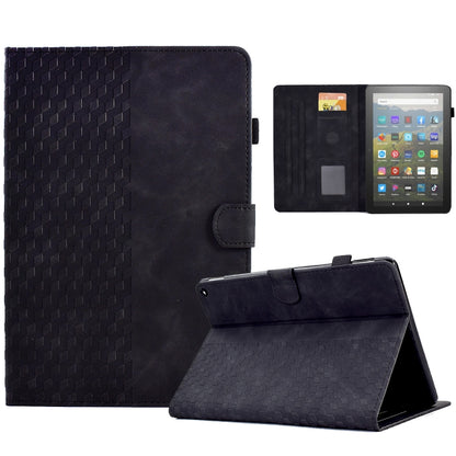 Black embossed leather-look folio case with rhombus pattern, open front and kickstand.