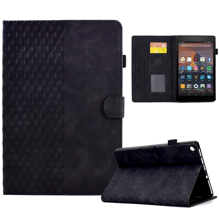 Black embossed folio tablet case with rhombus pattern, open interior and angled stand.