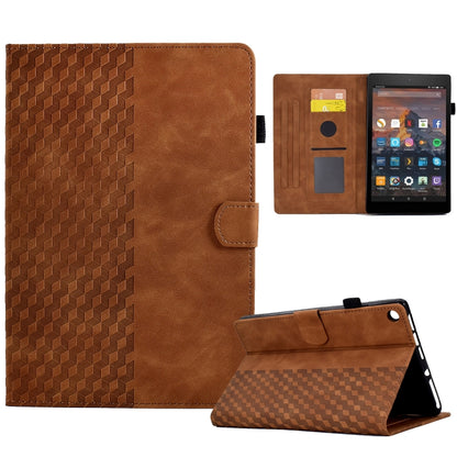 Brown rhombus-embossed leather tablet case with stand support and front tab
